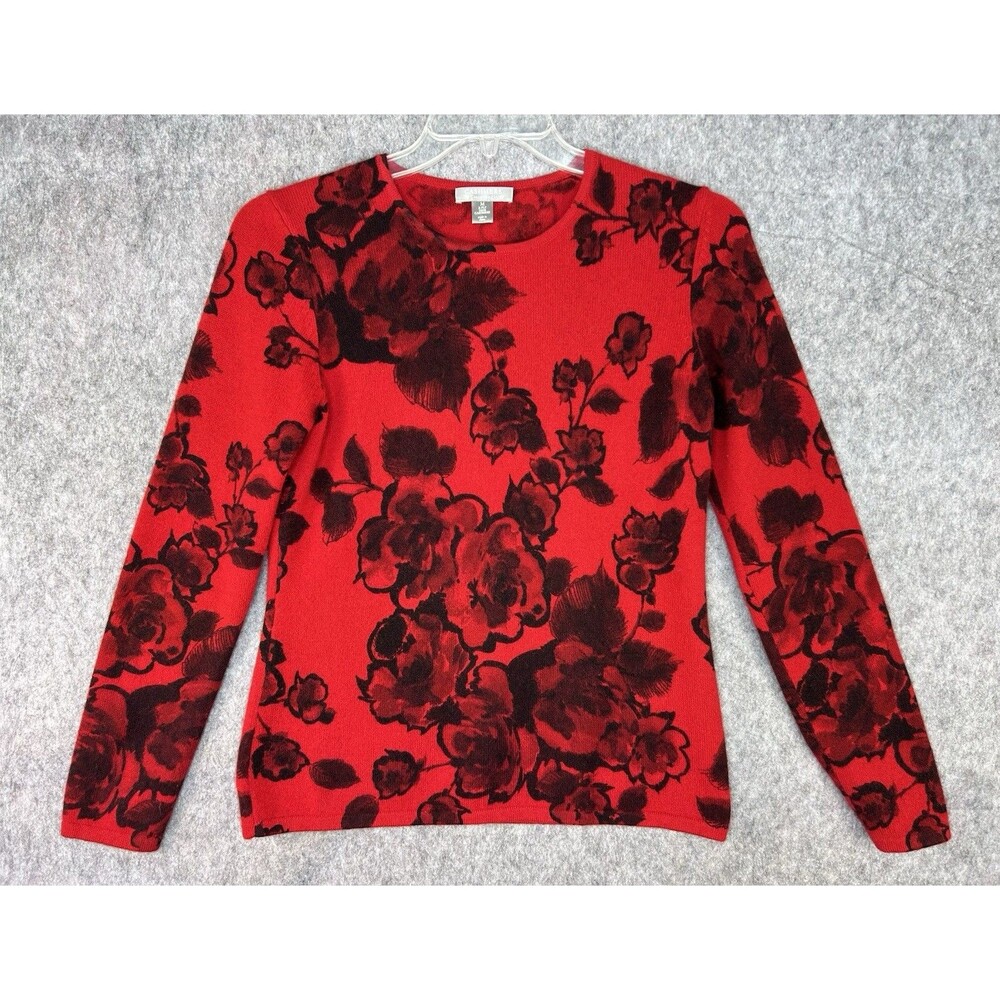 Charter Club Cashmere Sweater Women's Medium Red Black Floral Rose Print 2-Ply